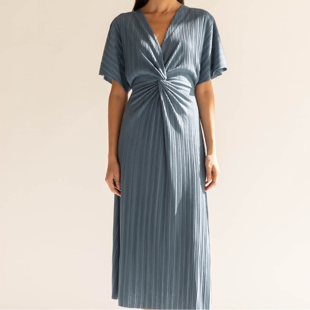 OAK + FORT Slate Blue Pleated Midi Dress with Twist Front